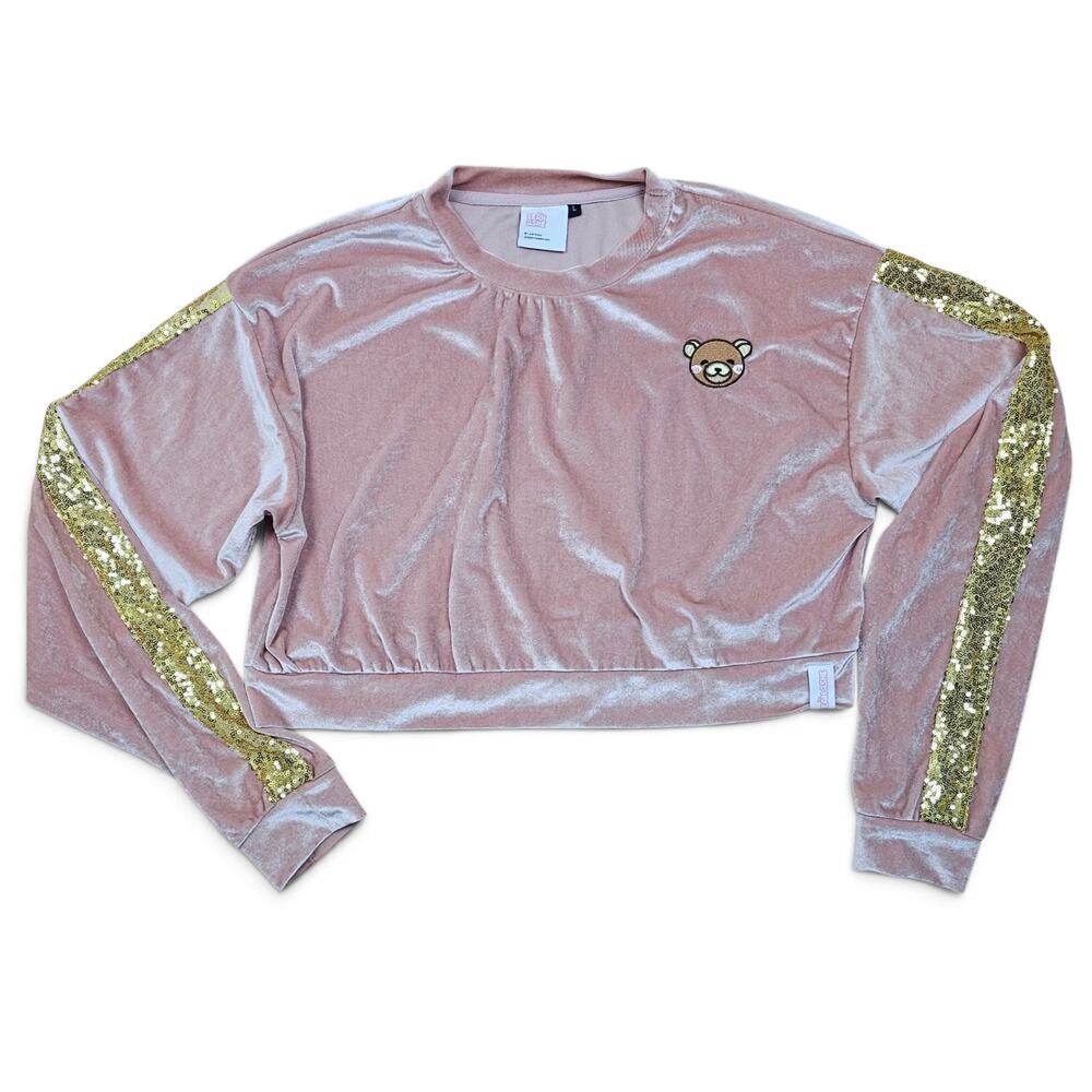 LEAH ASHE Sweatshirt Womens L Pink Velvet Gold Sequin Bear Cropped Gamer Kawaii